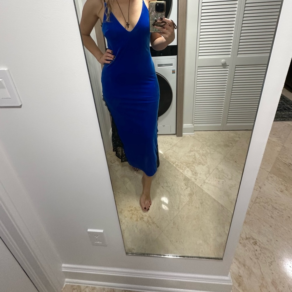 ABS Allen Schwartz Blue Bodycon Midi Dress with Spaghetti Straps